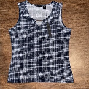 Tahari Navy and White Grid Scoop Neck Tank